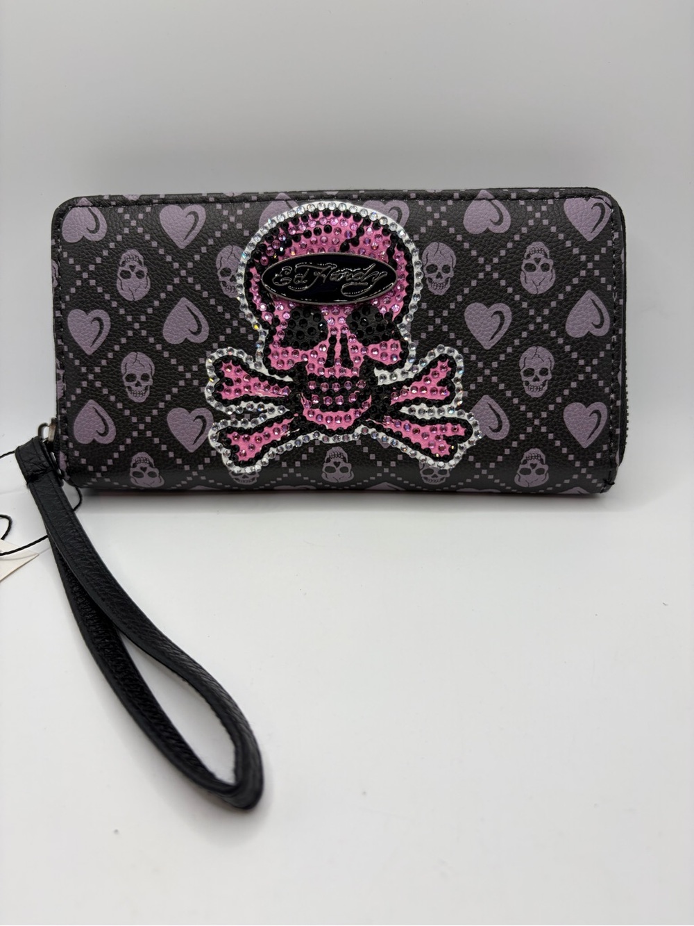 Ed Hardy Black Wallet with Pink Crystal Skull Wristlet